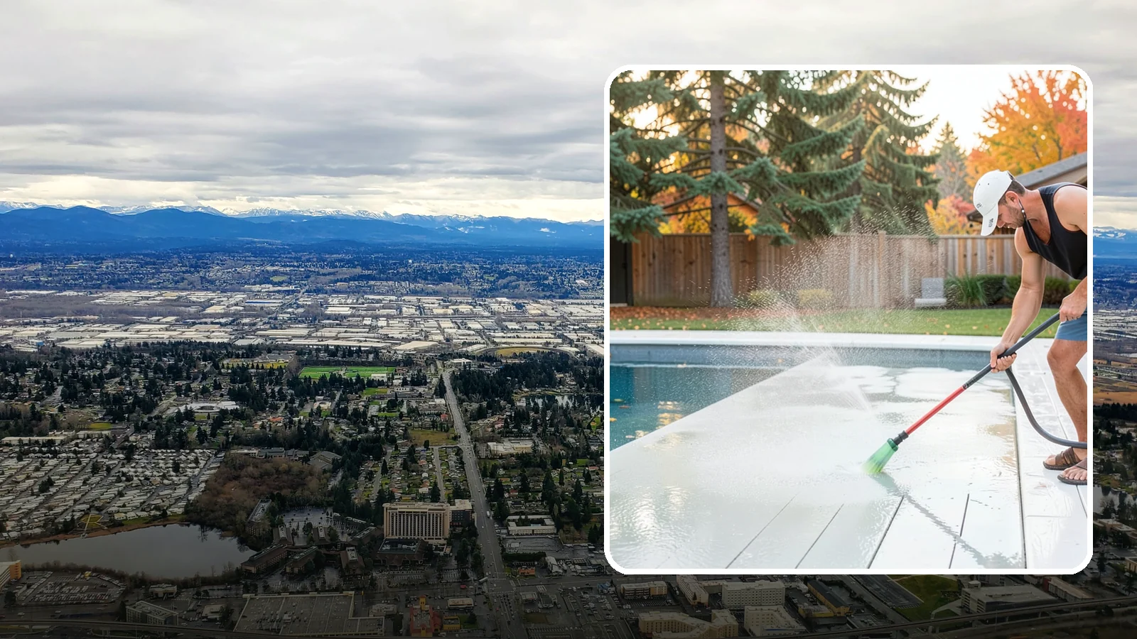 Pool Deck Cleaning in SeaTac, King County, WA - Clean pool decks and surrounds to remove the slick algae and moss that make wet Northwest decking hazardous.