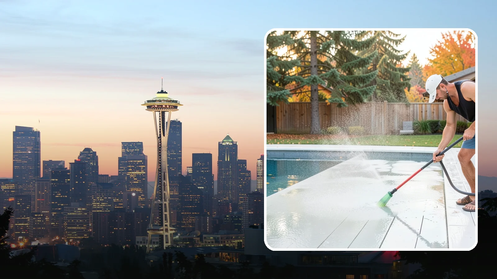 Pool Deck Cleaning in Seattle, King County, WA - Clean pool decks and surrounds to remove the slick algae and moss that make wet Northwest decking hazardous.