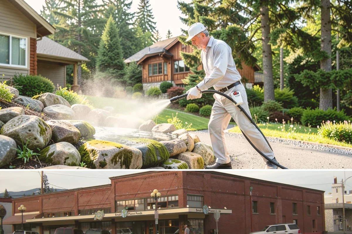 Pool Deck Cleaning in Sedro-Woolley, Skagit County, WA - Early summer clears the winter's growth and makes the deck safe just as pool season gets underway.