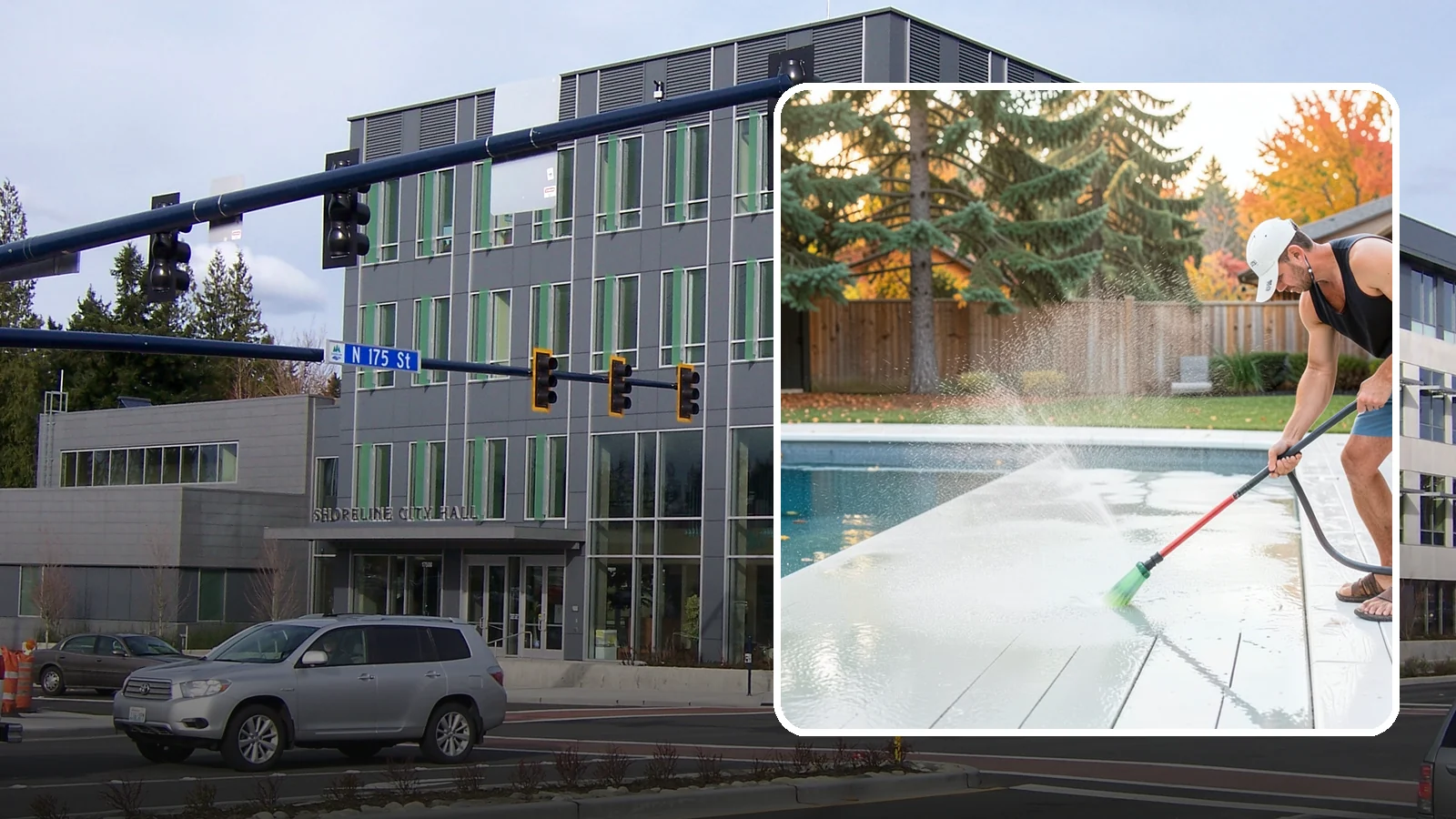 Pool Deck Cleaning in Shoreline, King County, WA - Clean pool decks and surrounds to remove the slick algae and moss that make wet Northwest decking hazardous.