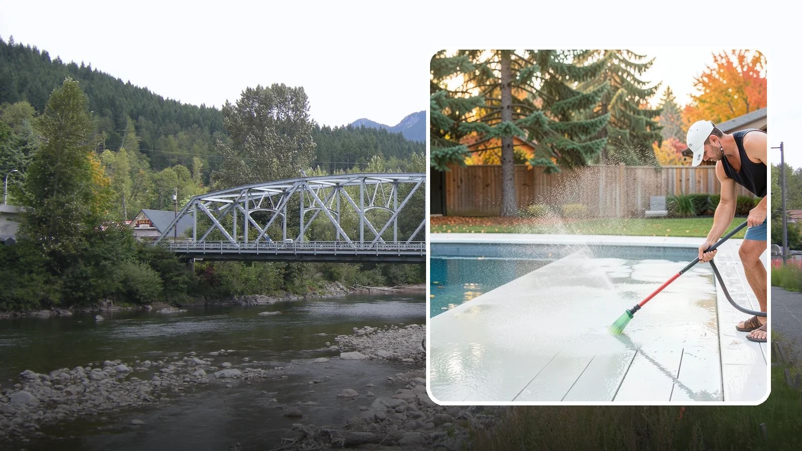 Pool Deck Cleaning in Skykomish, King County, WA - Clean pool decks and surrounds to remove the slick algae and moss that make wet Northwest decking hazardous.