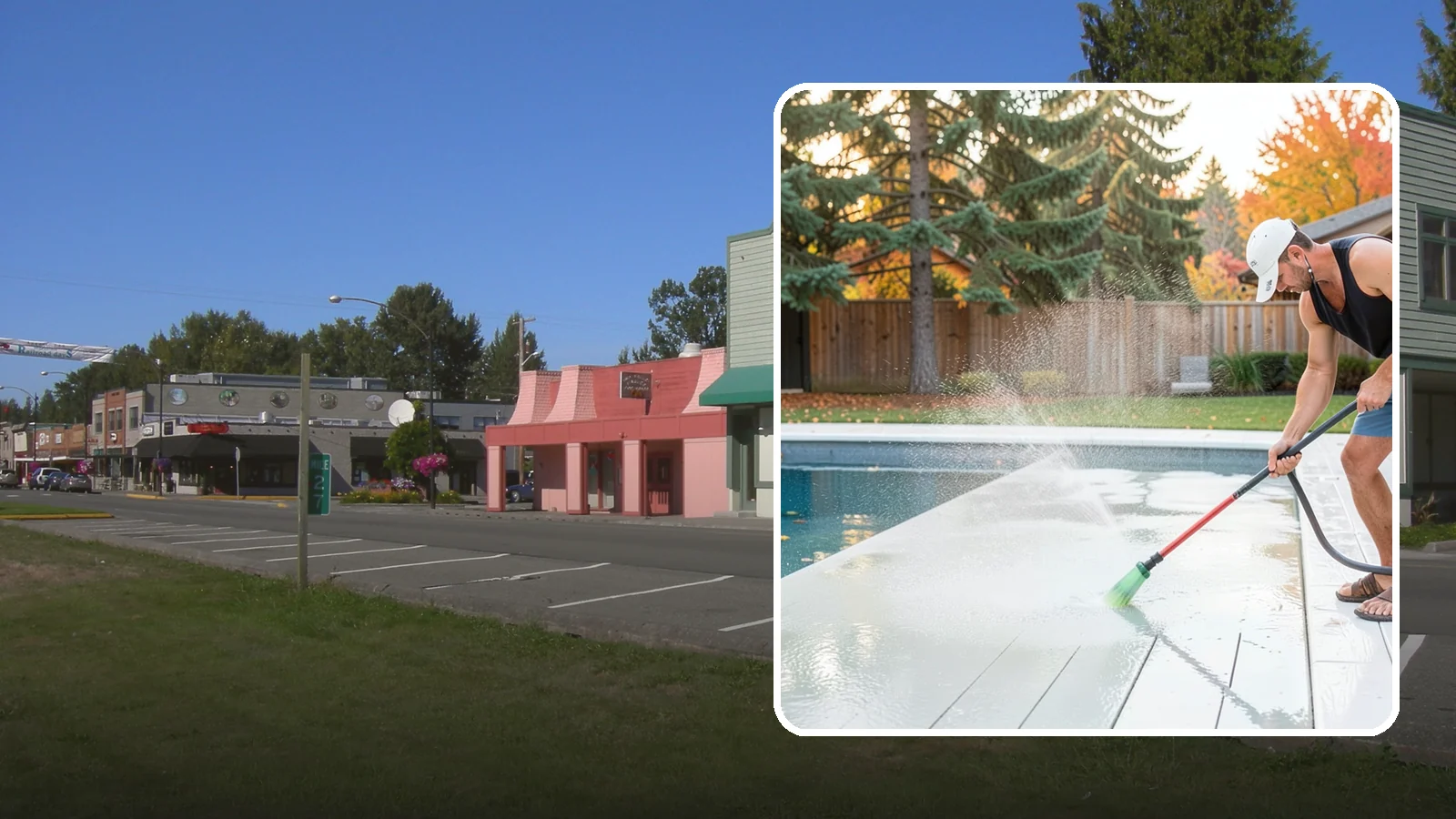 Pool Deck Cleaning in Snoqualmie, King County, WA - Clean pool decks and surrounds to remove the slick algae and moss that make wet Northwest decking hazardous.
