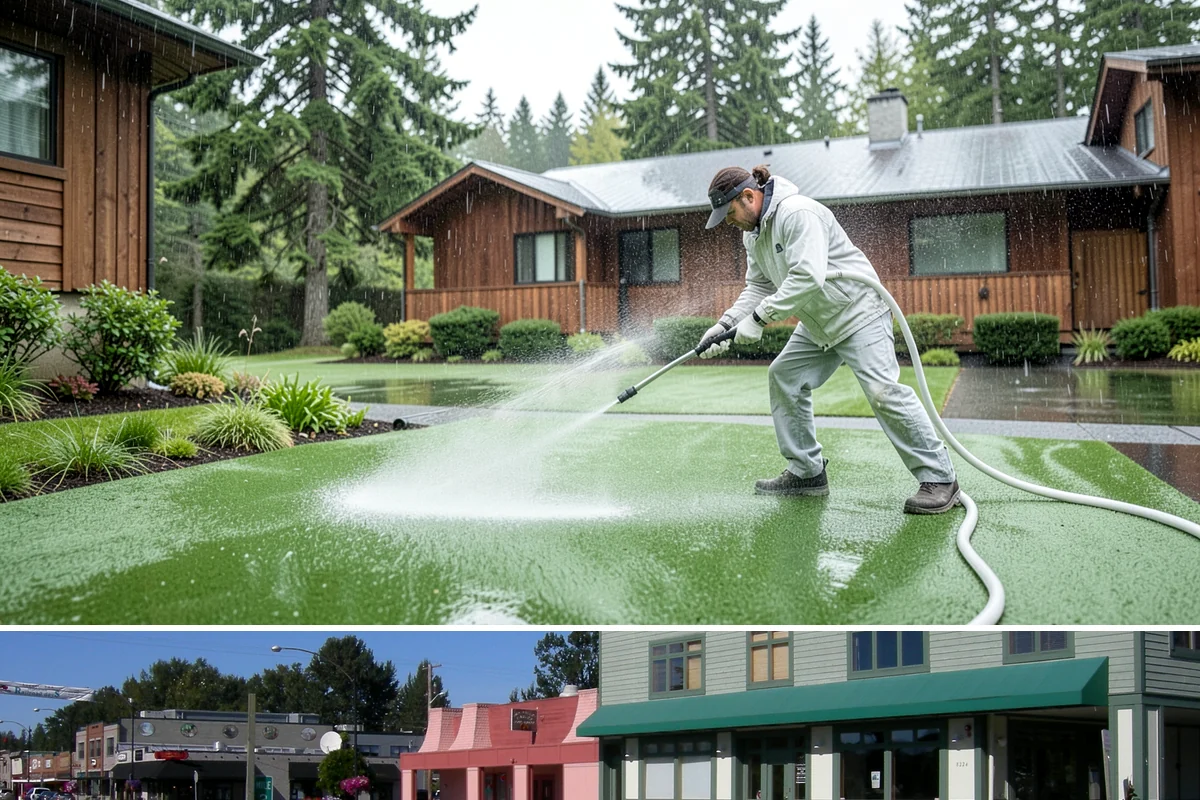Pool Deck Cleaning in Snoqualmie, King County, WA - Early summer clears the winter's growth and makes the deck safe just as pool season gets underway.
