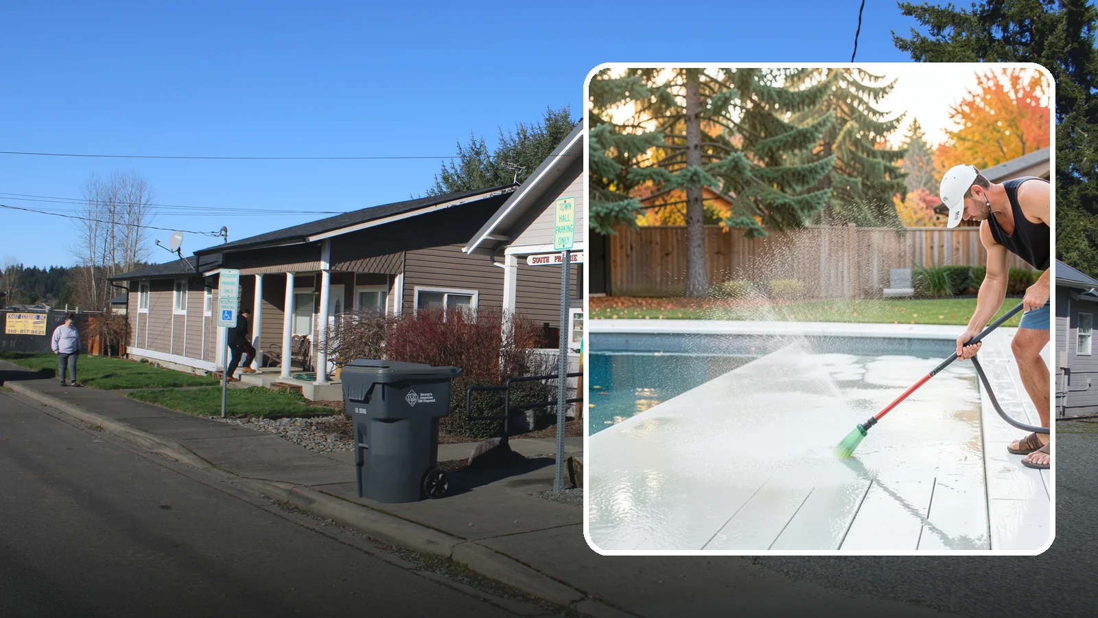 Pool Deck Cleaning in South Prairie, Pierce County, WA - Clean pool decks and surrounds to remove the slick algae and moss that make wet Northwest decking hazardous.