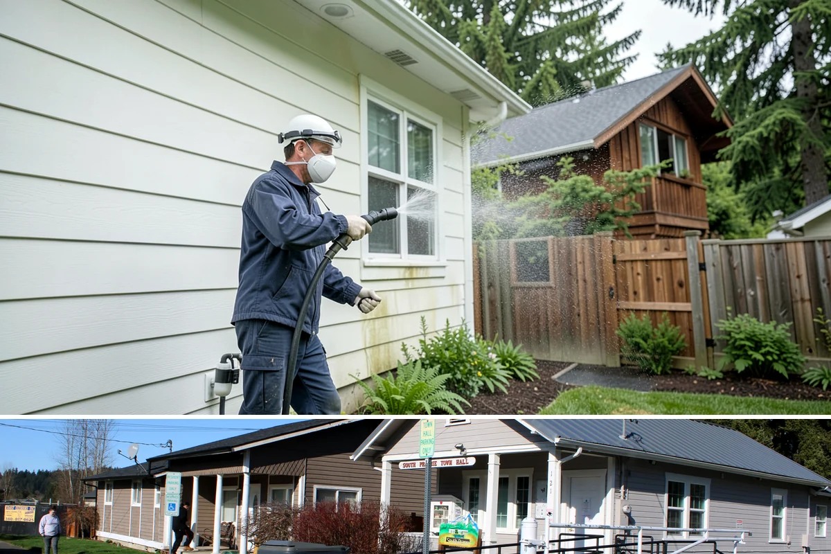 Pool Deck Cleaning in South Prairie, Pierce County, WA - Early summer clears the winter's growth and makes the deck safe just as pool season gets underway.