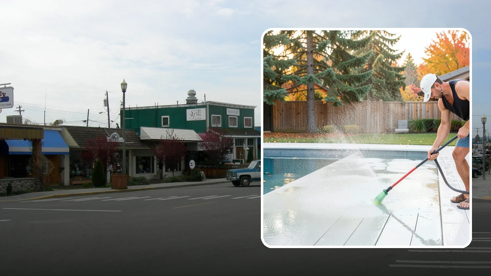 Pool Deck Cleaning in Stanwood, Snohomish County, WA - Clean pool decks and surrounds to remove the slick algae and moss that make wet Northwest decking hazardous.
