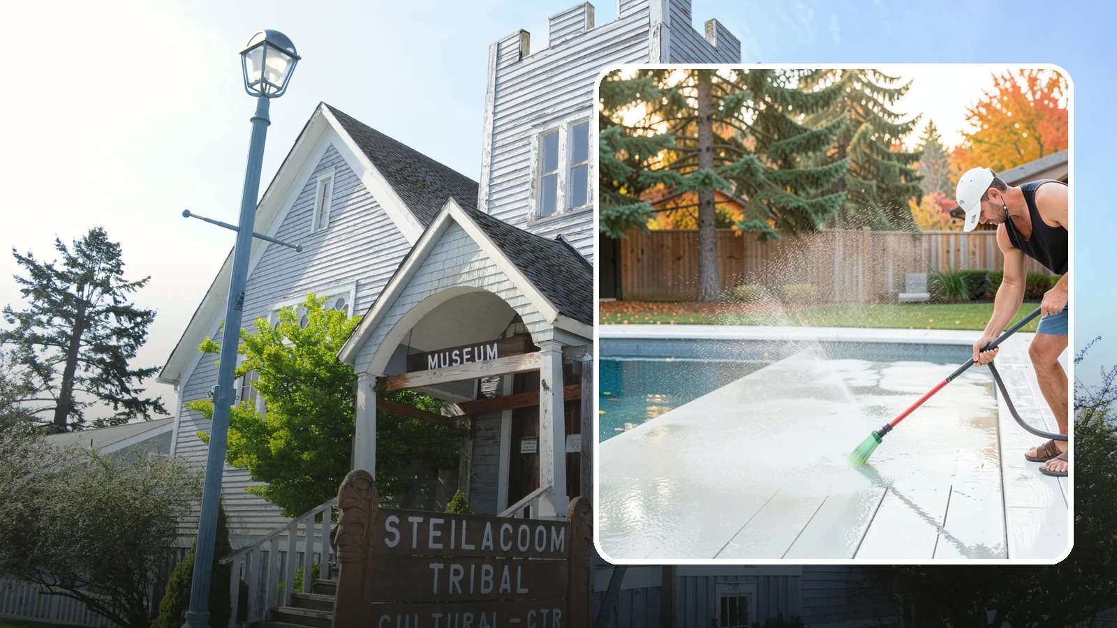 Pool Deck Cleaning in Steilacoom, Pierce County, WA - Clean pool decks and surrounds to remove the slick algae and moss that make wet Northwest decking hazardous.