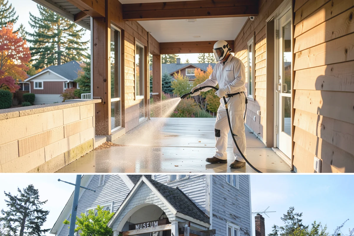 Pool Deck Cleaning in Steilacoom, Pierce County, WA - Early summer clears the winter's growth and makes the deck safe just as pool season gets underway.