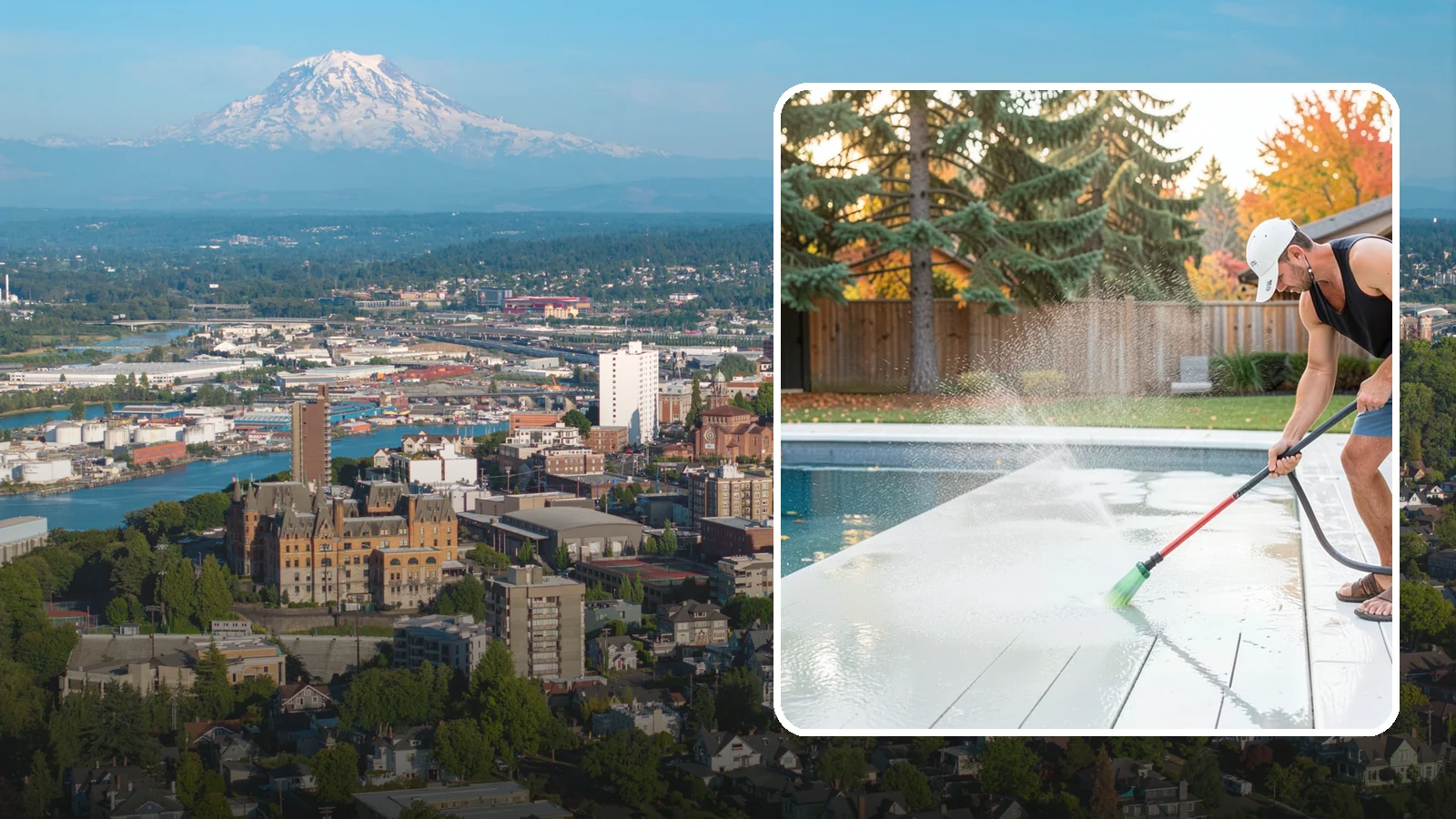 Pool Deck Cleaning in Tacoma, Pierce County, WA - Clean pool decks and surrounds to remove the slick algae and moss that make wet Northwest decking hazardous.