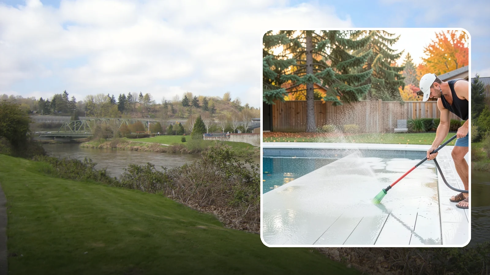 Pool Deck Cleaning in Tukwila, King County, WA - Clean pool decks and surrounds to remove the slick algae and moss that make wet Northwest decking hazardous.