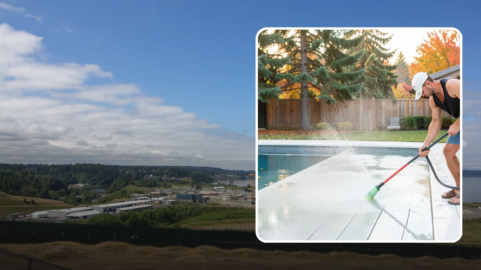Pool Deck Cleaning in University Place, Pierce County, WA - Clean pool decks and surrounds to remove the slick algae and moss that make wet Northwest decking hazardous.