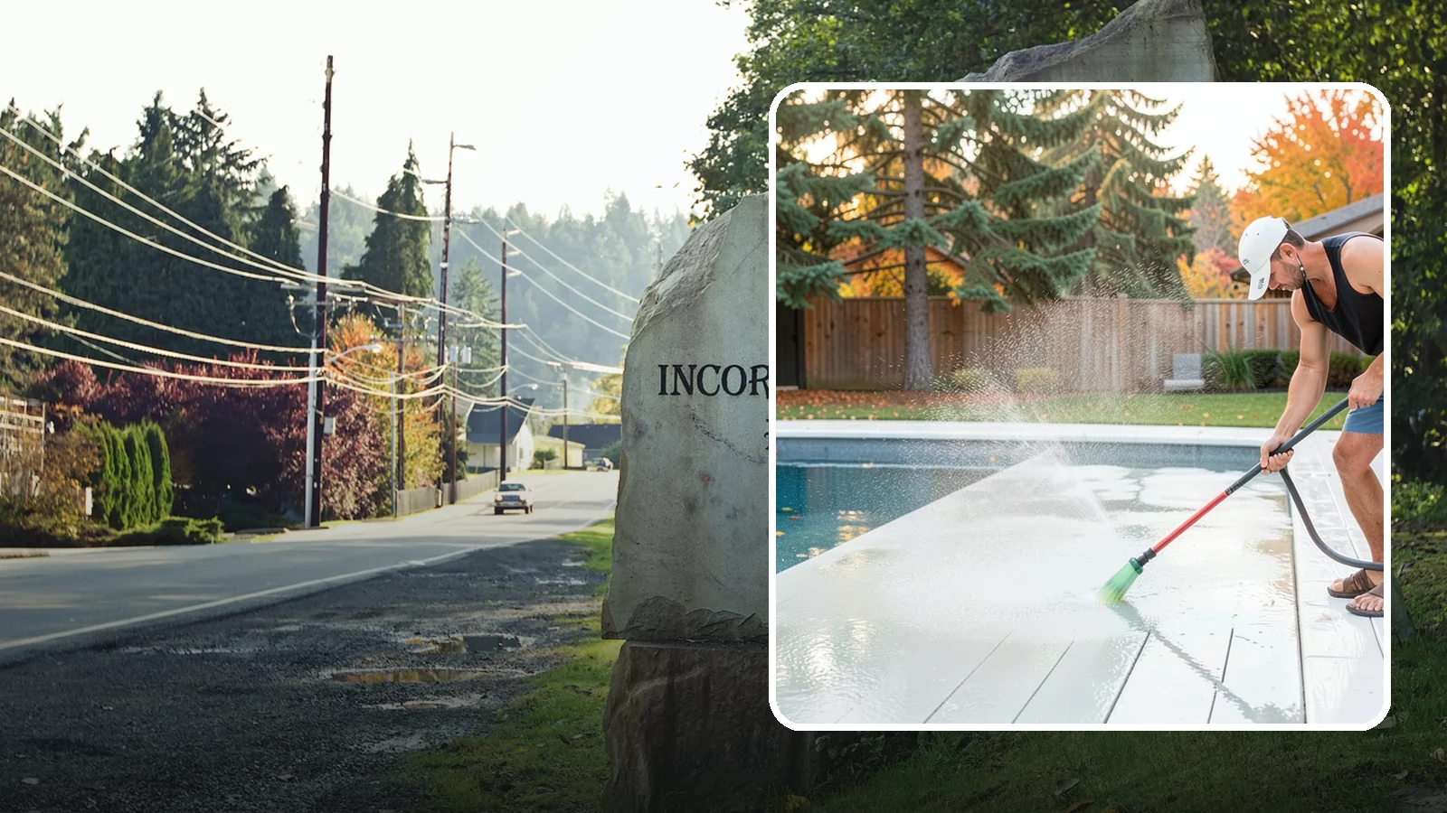 Pool Deck Cleaning in Wilkeson, Pierce County, WA - Clean pool decks and surrounds to remove the slick algae and moss that make wet Northwest decking hazardous.