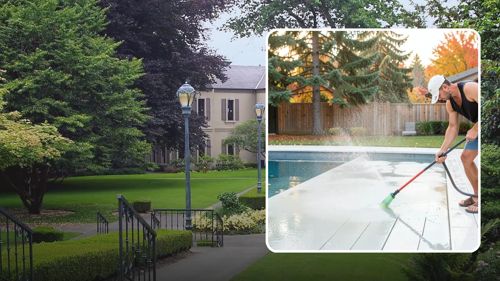 Pool Deck Cleaning in Woodinville, King County, WA - Clean pool decks and surrounds to remove the slick algae and moss that make wet Northwest decking hazardous.