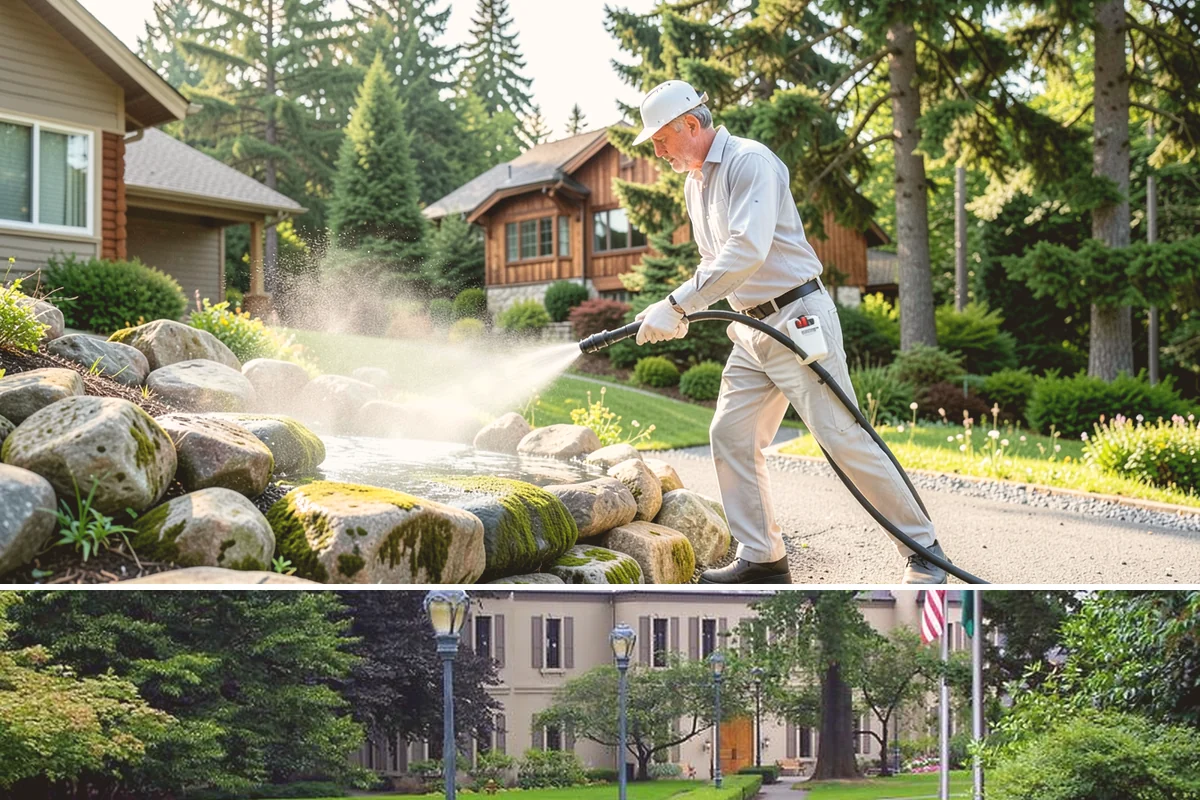 Pool Deck Cleaning in Woodinville, King County, WA - Early summer clears the winter's growth and makes the deck safe just as pool season gets underway.