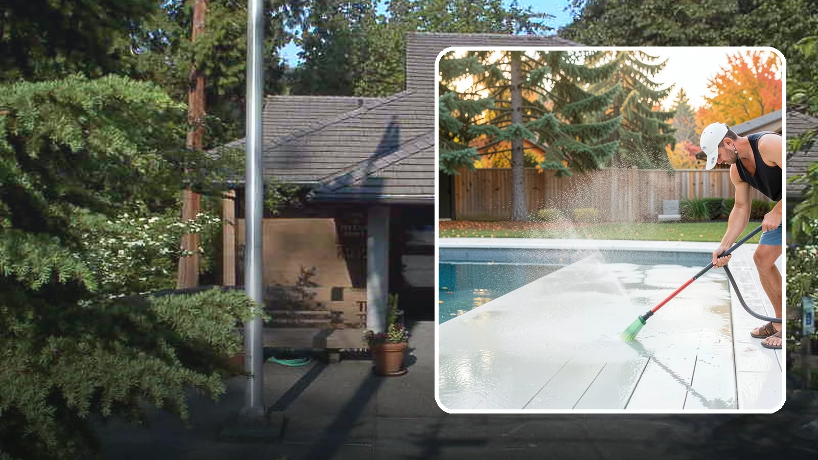 Pool Deck Cleaning in Yarrow Point, King County, WA - Clean pool decks and surrounds to remove the slick algae and moss that make wet Northwest decking hazardous.