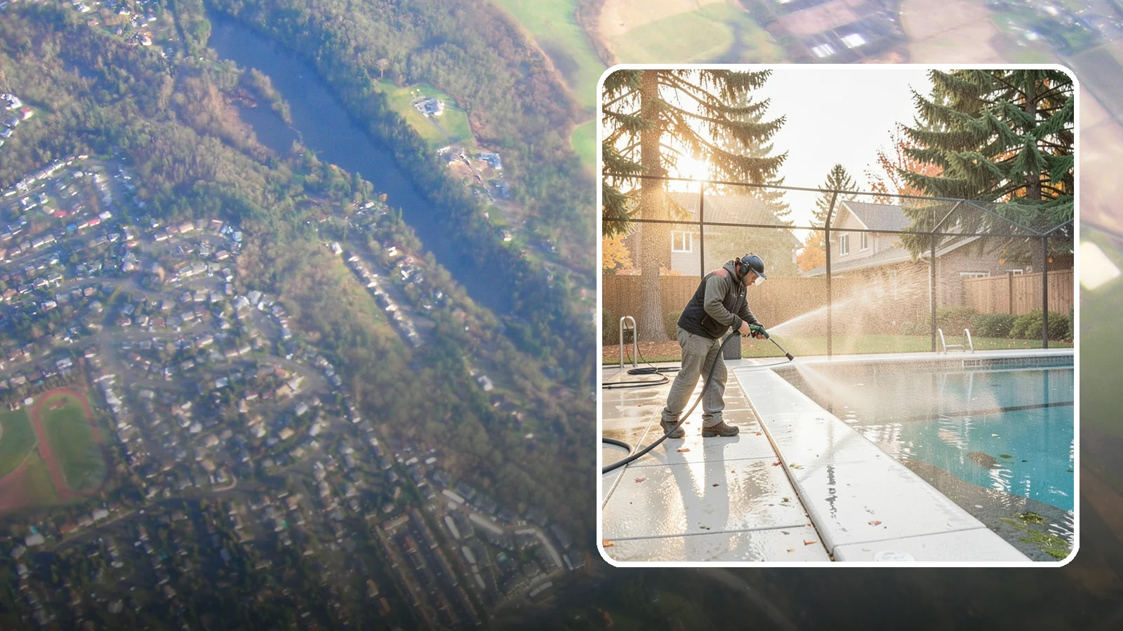 Pool Enclosure Washing in Algona, King County, WA - We wash screened and glass pool enclosures to clear the algae film and evergreen debris that dim them through the rainy months.