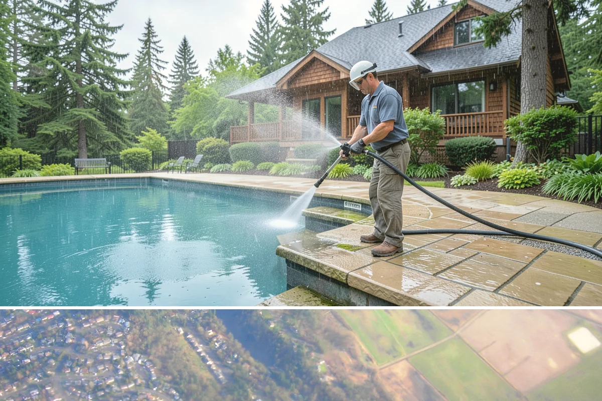 Pool Enclosure Washing in Algona, King County, WA - Clean the enclosure in early summer once tree pollen and needle drop have slowed for the season.