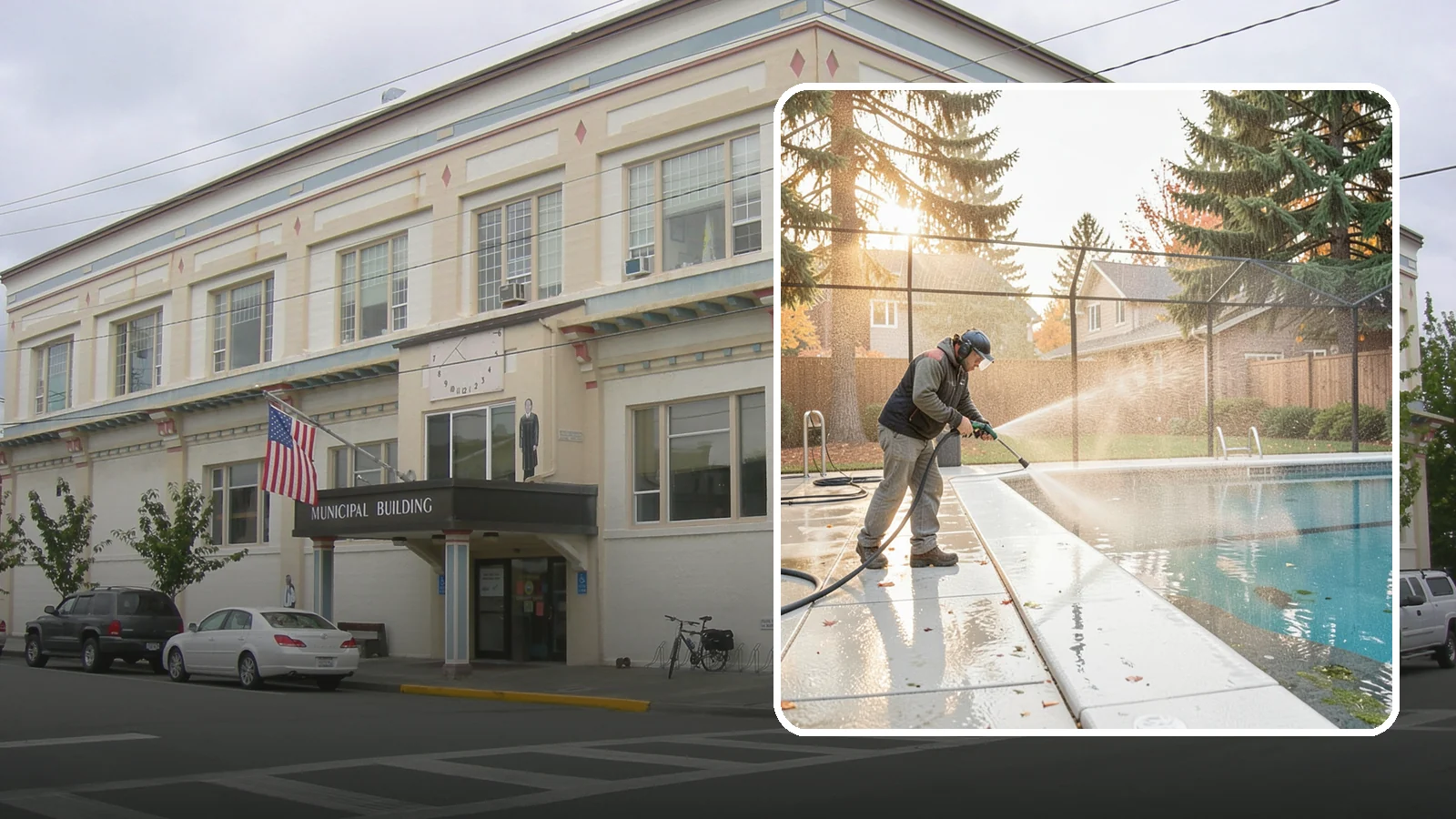 Pool Enclosure Washing in Anacortes, Skagit County, WA - We wash screened and glass pool enclosures to clear the algae film and evergreen debris that dim them through the rainy months.