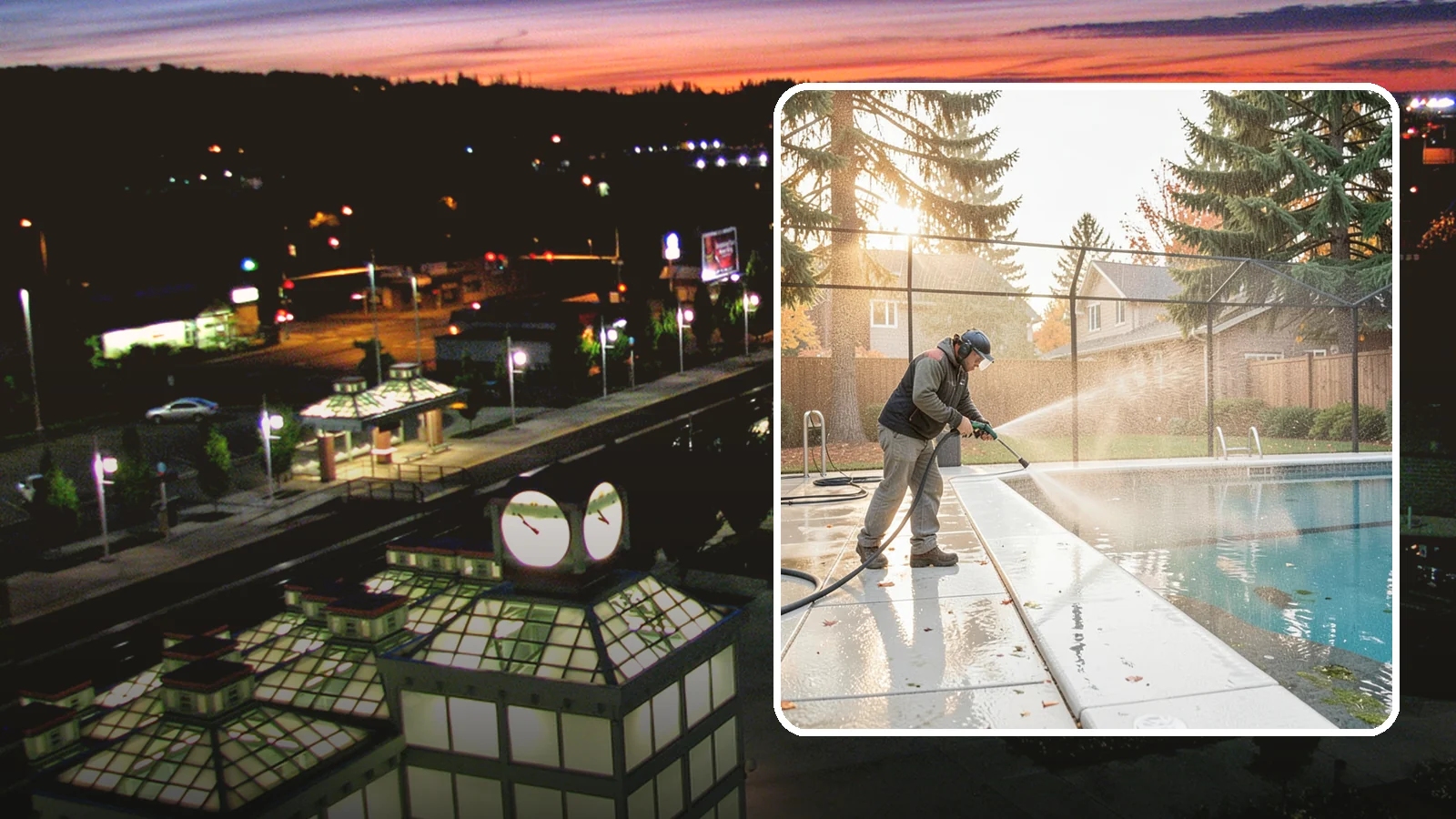 Pool Enclosure Washing in Auburn, King County, WA - We wash screened and glass pool enclosures to clear the algae film and evergreen debris that dim them through the rainy months.