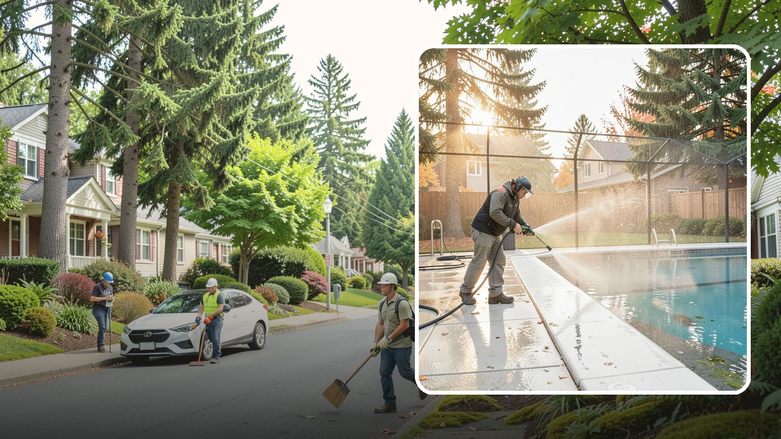 Pool Enclosure Washing in Beaux Arts Village, King County, WA - We wash screened and glass pool enclosures to clear the algae film and evergreen debris that dim them through the rainy months.
