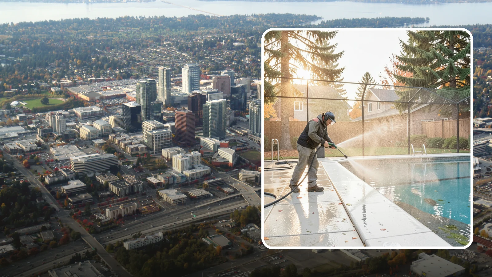 Pool Enclosure Washing in Bellevue, King County, WA - We wash screened and glass pool enclosures to clear the algae film and evergreen debris that dim them through the rainy months.