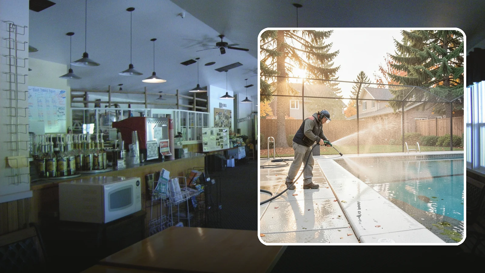 Pool Enclosure Washing in Black Diamond, King County, WA - We wash screened and glass pool enclosures to clear the algae film and evergreen debris that dim them through the rainy months.