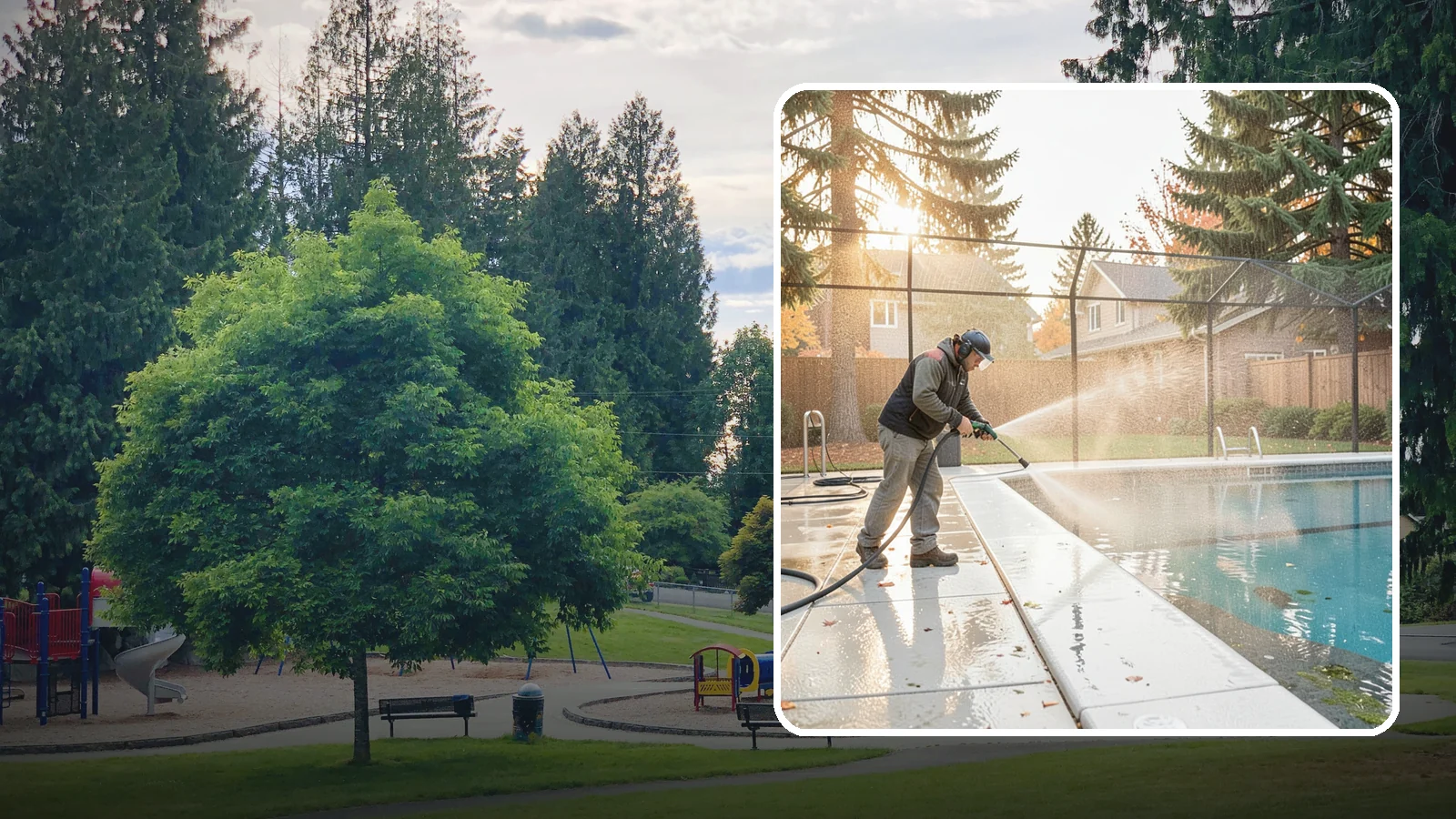 Pool Enclosure Washing in Bonney Lake, Pierce County, WA - We wash screened and glass pool enclosures to clear the algae film and evergreen debris that dim them through the rainy months.