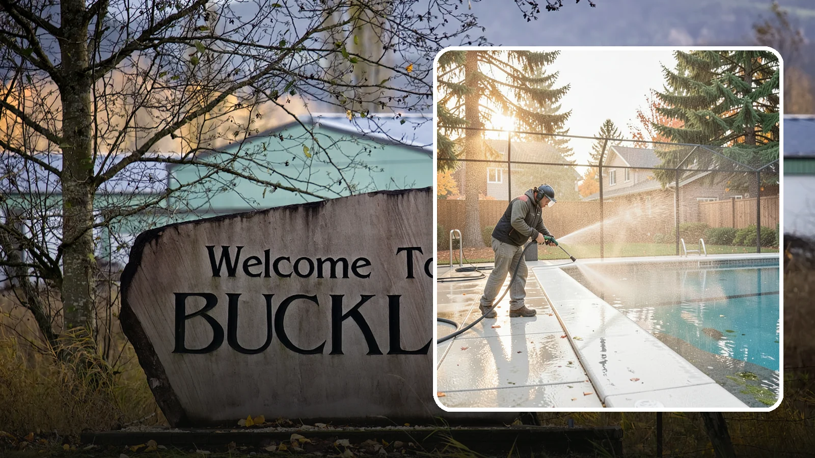 Pool Enclosure Washing in Buckley, Pierce County, WA - We wash screened and glass pool enclosures to clear the algae film and evergreen debris that dim them through the rainy months.