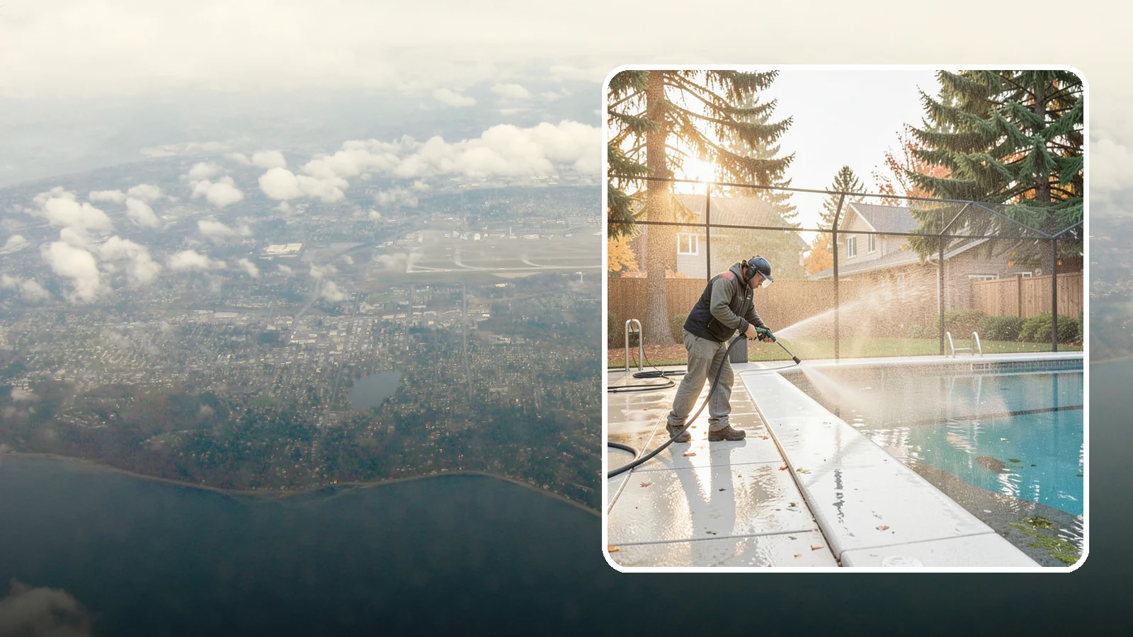 Pool Enclosure Washing in Burien, King County, WA - We wash screened and glass pool enclosures to clear the algae film and evergreen debris that dim them through the rainy months.