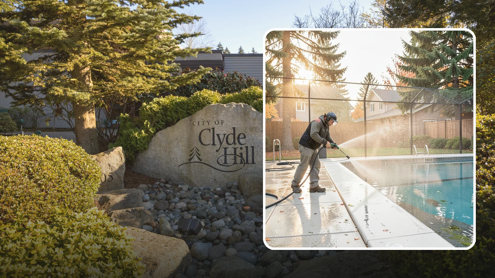 Pool Enclosure Washing in Clyde Hill, King County, WA - We wash screened and glass pool enclosures to clear the algae film and evergreen debris that dim them through the rainy months.