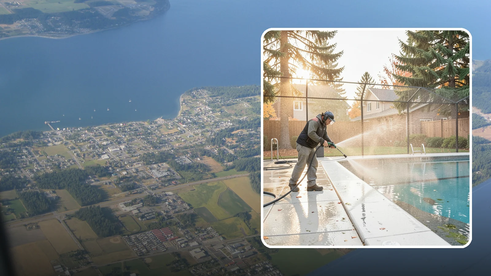Pool Enclosure Washing in Coupeville, Island County, WA - We wash screened and glass pool enclosures to clear the algae film and evergreen debris that dim them through the rainy months.
