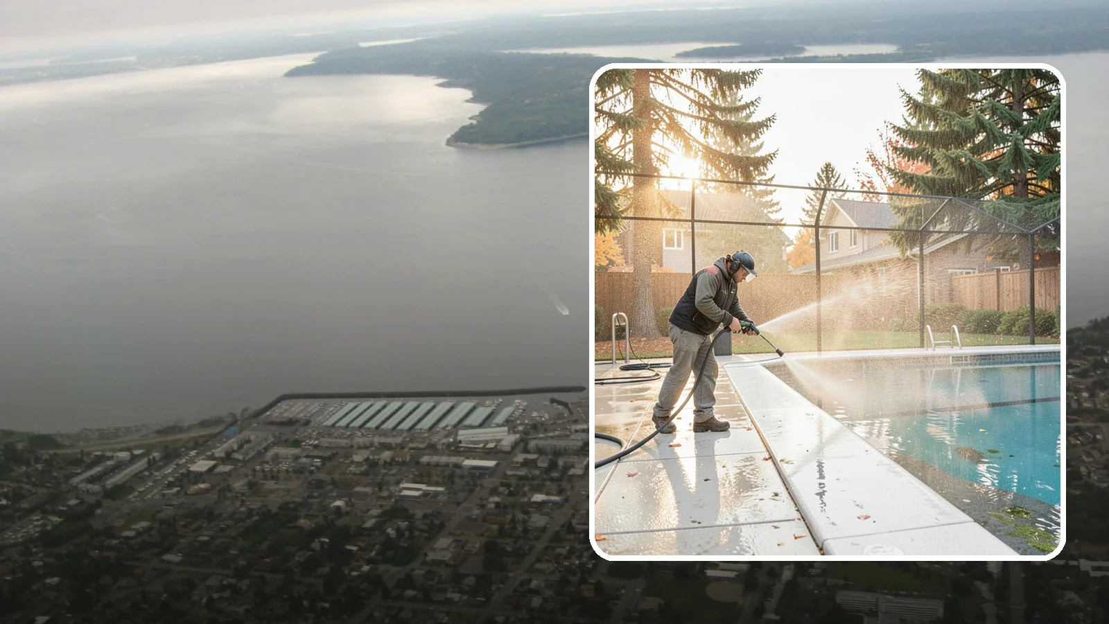 Pool Enclosure Washing in Des Moines, King County, WA - We wash screened and glass pool enclosures to clear the algae film and evergreen debris that dim them through the rainy months.
