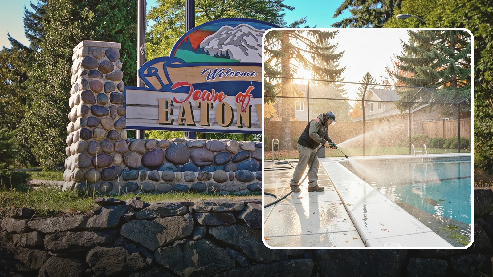 Pool Enclosure Washing in Eatonville, Pierce County, WA - We wash screened and glass pool enclosures to clear the algae film and evergreen debris that dim them through the rainy months.