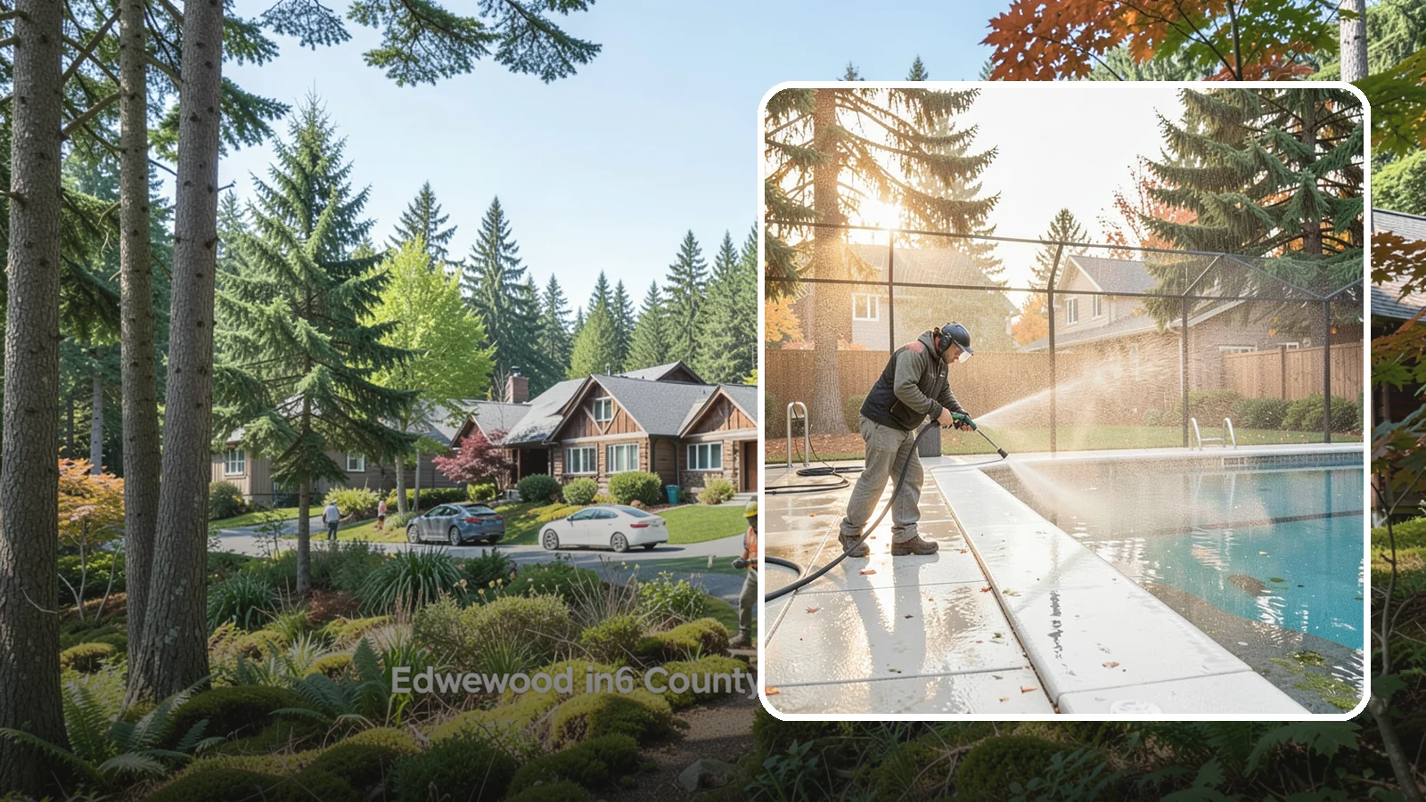 Pool Enclosure Washing in Edgewood, Pierce County, WA - We wash screened and glass pool enclosures to clear the algae film and evergreen debris that dim them through the rainy months.