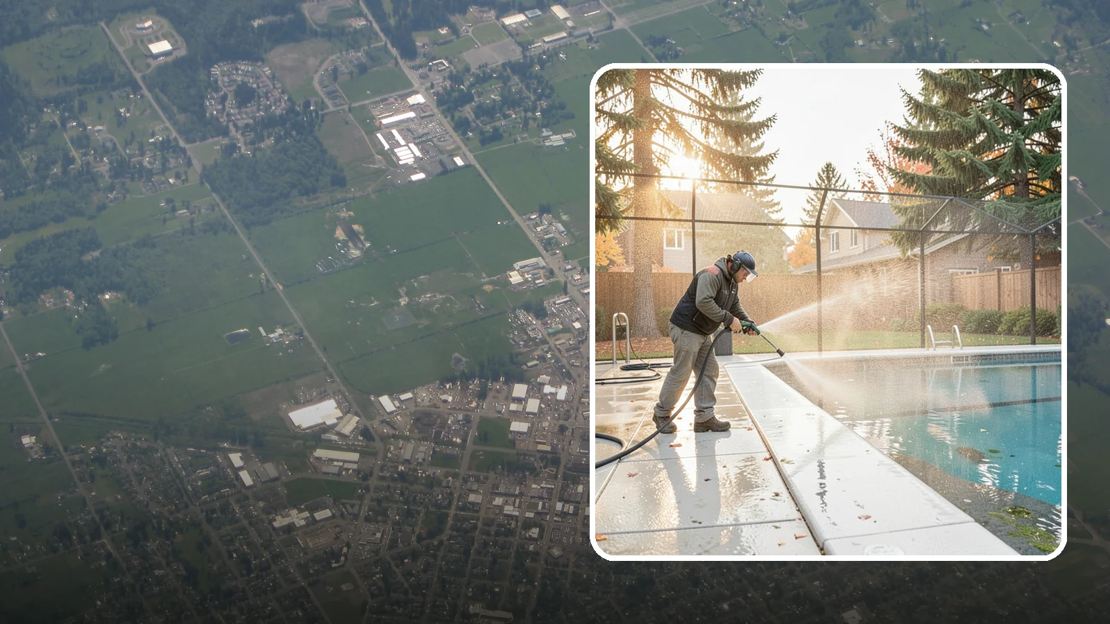 Pool Enclosure Washing in Enumclaw, King County, WA - We wash screened and glass pool enclosures to clear the algae film and evergreen debris that dim them through the rainy months.