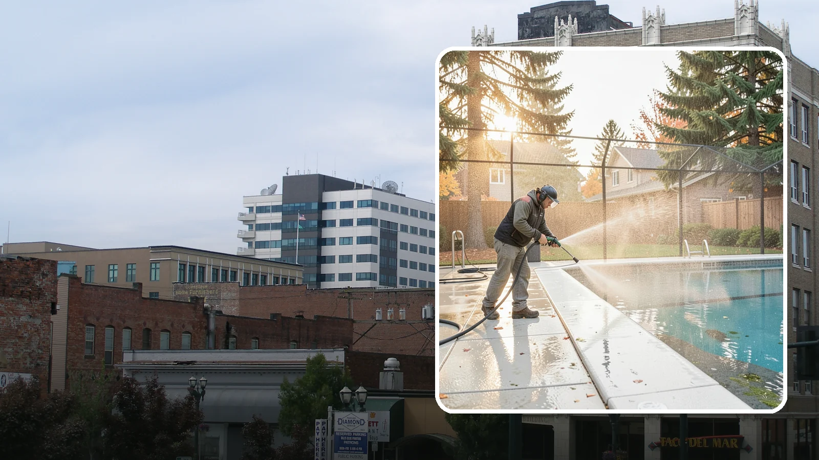 Pool Enclosure Washing in Everett, Snohomish County, WA - We wash screened and glass pool enclosures to clear the algae film and evergreen debris that dim them through the rainy months.