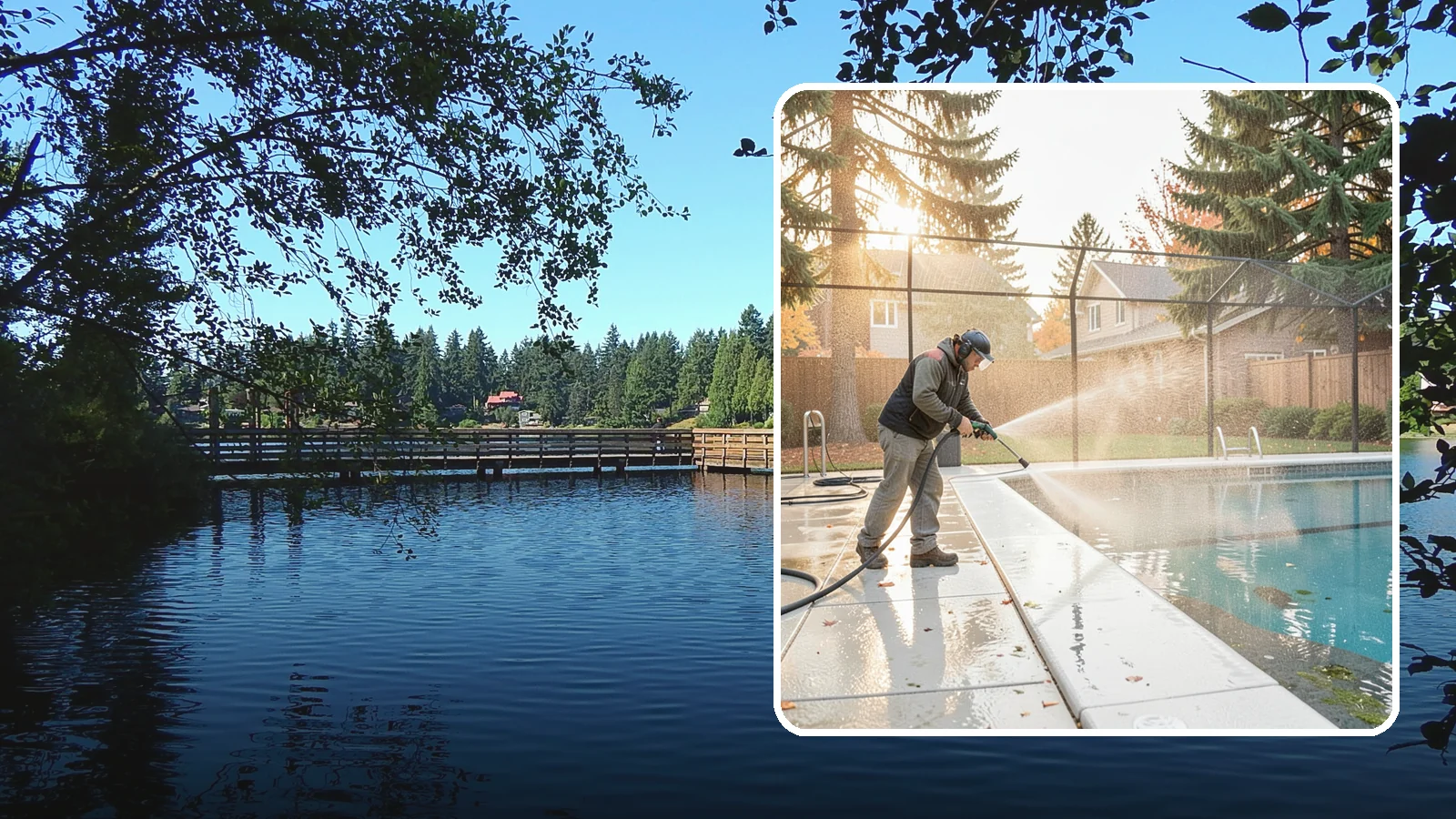 Pool Enclosure Washing in Federal Way, King County, WA - We wash screened and glass pool enclosures to clear the algae film and evergreen debris that dim them through the rainy months.