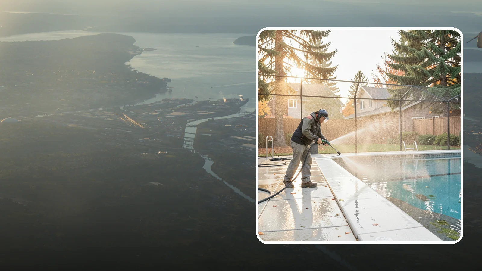 Pool Enclosure Washing in Fife, Pierce County, WA - We wash screened and glass pool enclosures to clear the algae film and evergreen debris that dim them through the rainy months.