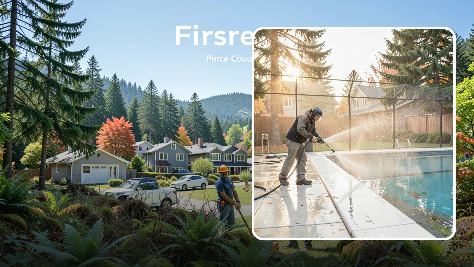 Pool Enclosure Washing in Fircrest, Pierce County, WA - We wash screened and glass pool enclosures to clear the algae film and evergreen debris that dim them through the rainy months.