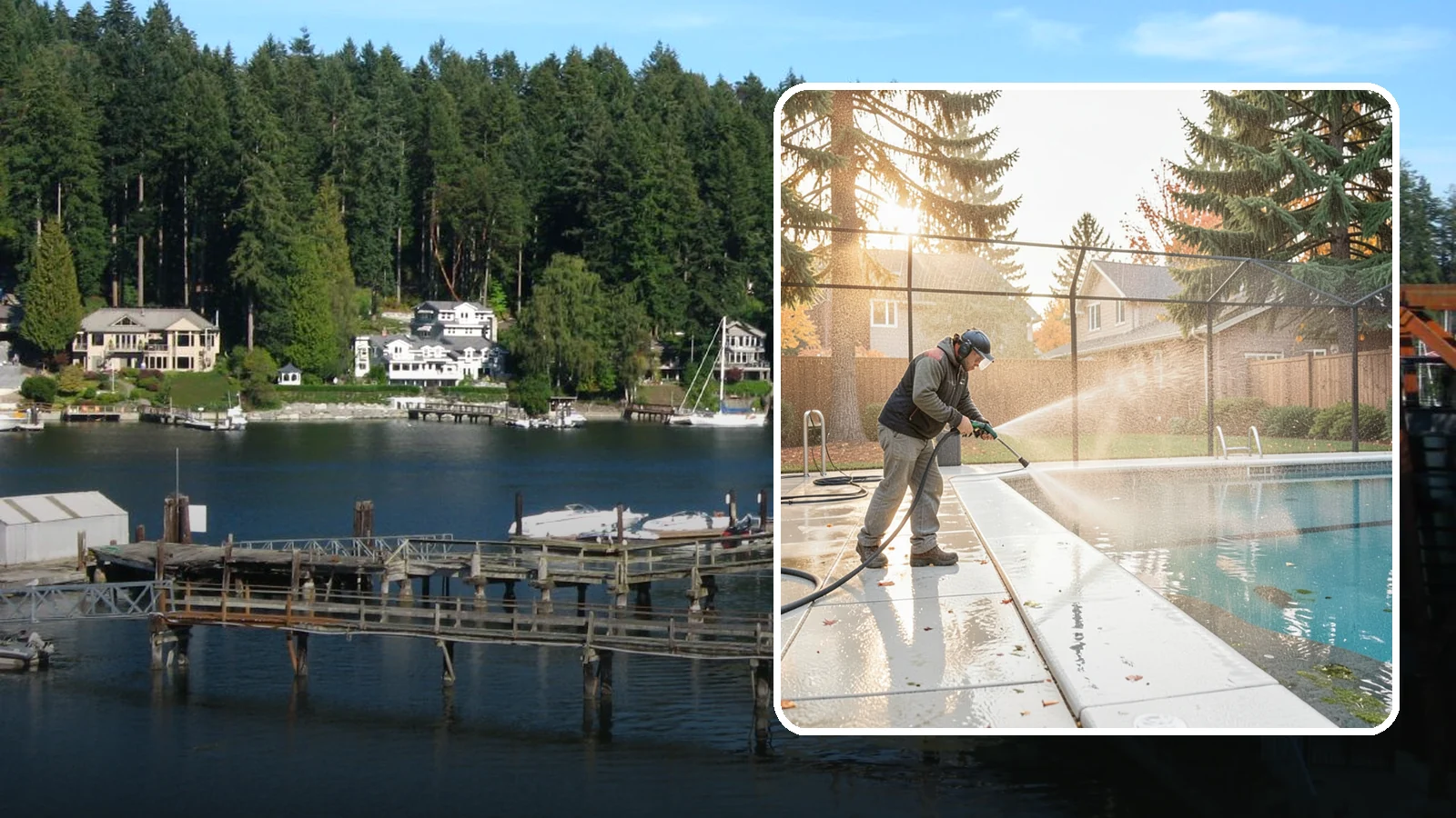 Pool Enclosure Washing in Gig Harbor, Pierce County, WA - We wash screened and glass pool enclosures to clear the algae film and evergreen debris that dim them through the rainy months.