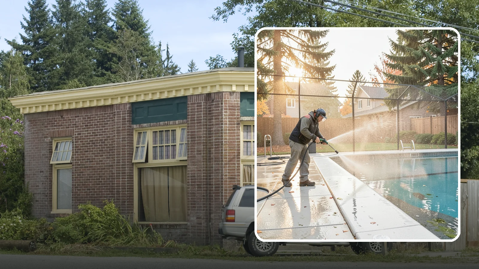 Pool Enclosure Washing in Hamilton, Skagit County, WA - We wash screened and glass pool enclosures to clear the algae film and evergreen debris that dim them through the rainy months.