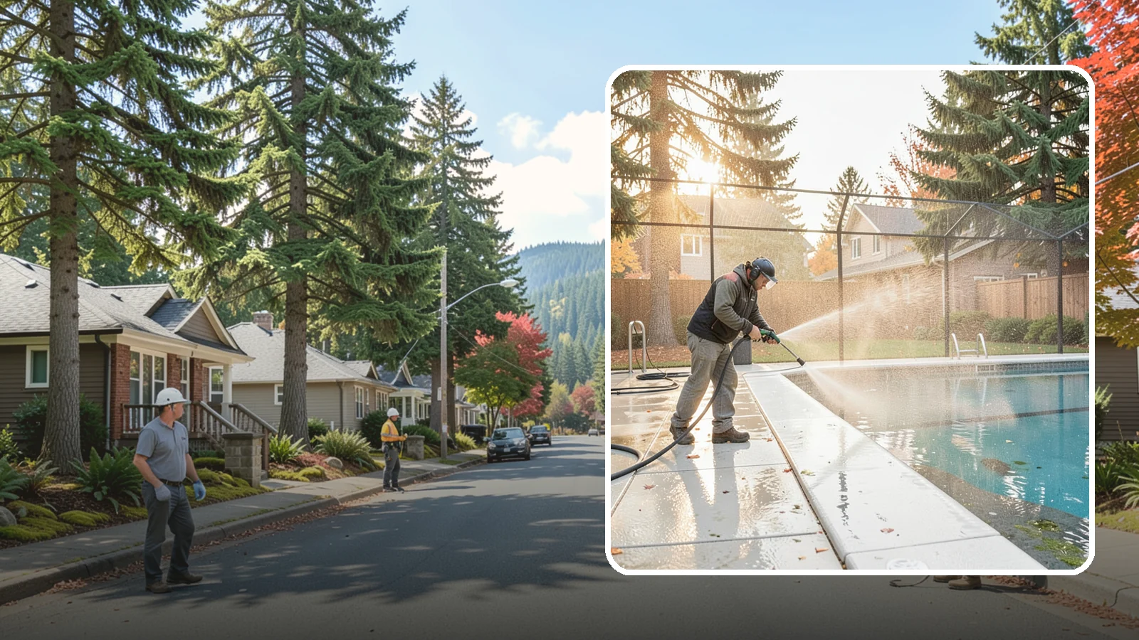 Pool Enclosure Washing in Hunts Point, King County, WA - We wash screened and glass pool enclosures to clear the algae film and evergreen debris that dim them through the rainy months.