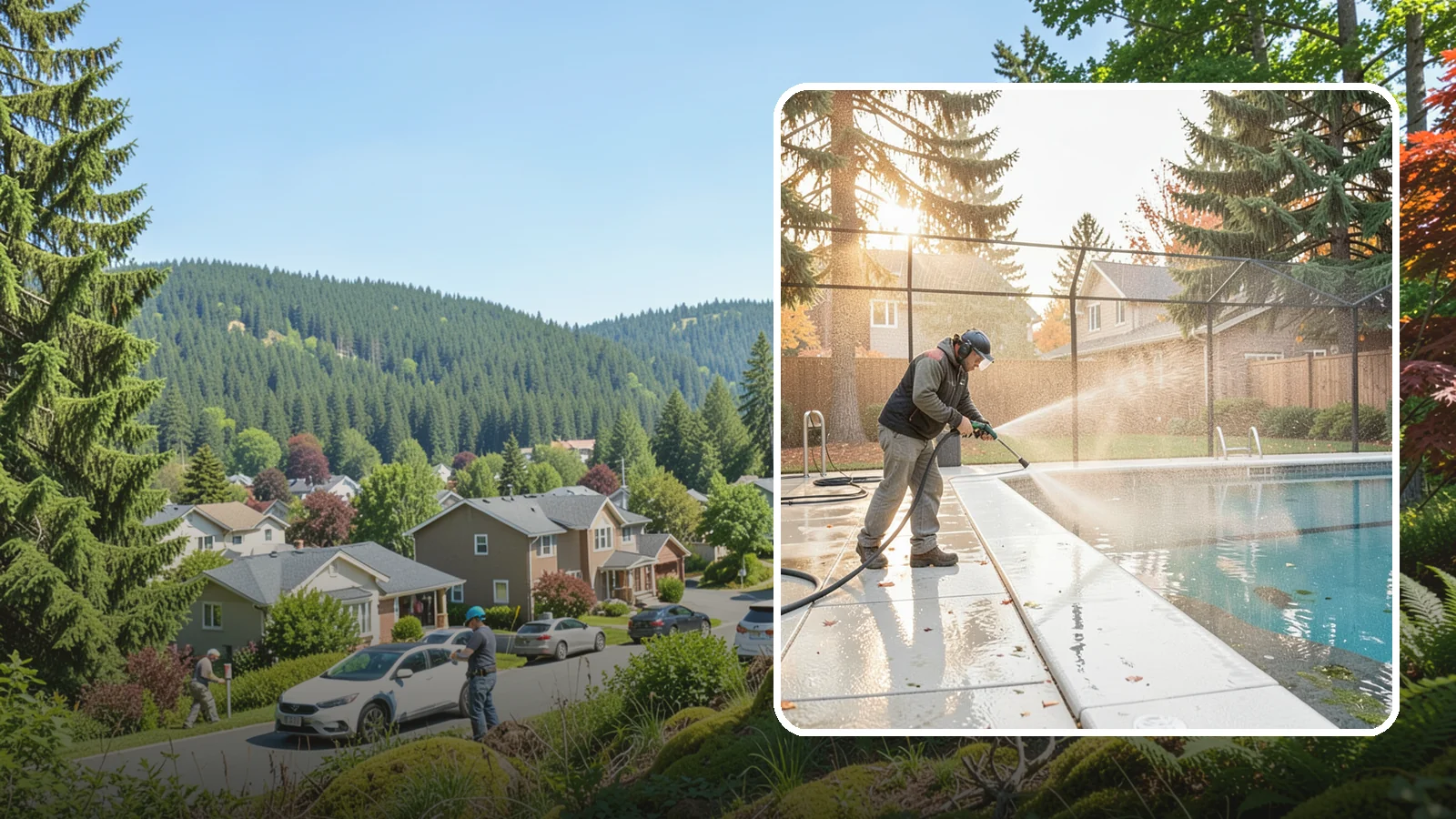 Pool Enclosure Washing in Index, Snohomish County, WA - We wash screened and glass pool enclosures to clear the algae film and evergreen debris that dim them through the rainy months.