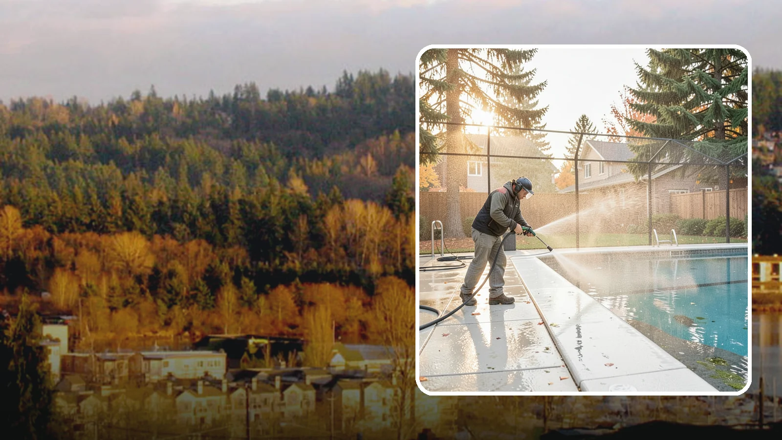 Pool Enclosure Washing in Kenmore, King County, WA - We wash screened and glass pool enclosures to clear the algae film and evergreen debris that dim them through the rainy months.
