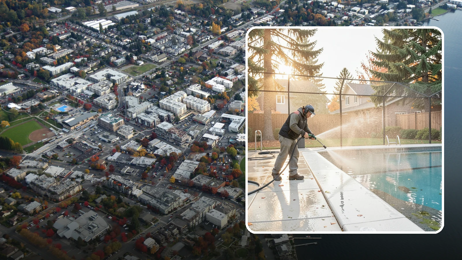 Pool Enclosure Washing in Kirkland, King County, WA - We wash screened and glass pool enclosures to clear the algae film and evergreen debris that dim them through the rainy months.