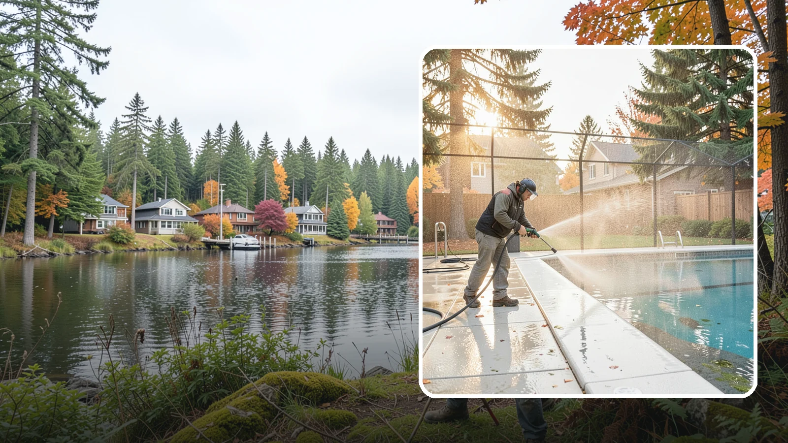 Pool Enclosure Washing in La Conner, Skagit County, WA - We wash screened and glass pool enclosures to clear the algae film and evergreen debris that dim them through the rainy months.
