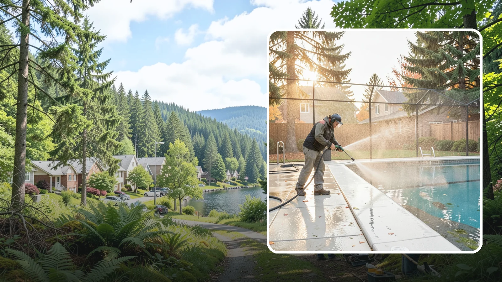 Pool Enclosure Washing in Lake Forest Park, King County, WA - We wash screened and glass pool enclosures to clear the algae film and evergreen debris that dim them through the rainy months.