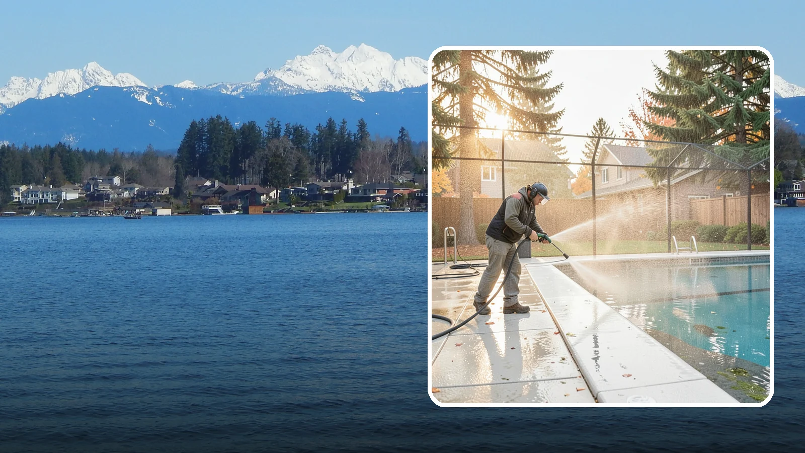 Pool Enclosure Washing in Lake Stevens, Snohomish County, WA - We wash screened and glass pool enclosures to clear the algae film and evergreen debris that dim them through the rainy months.