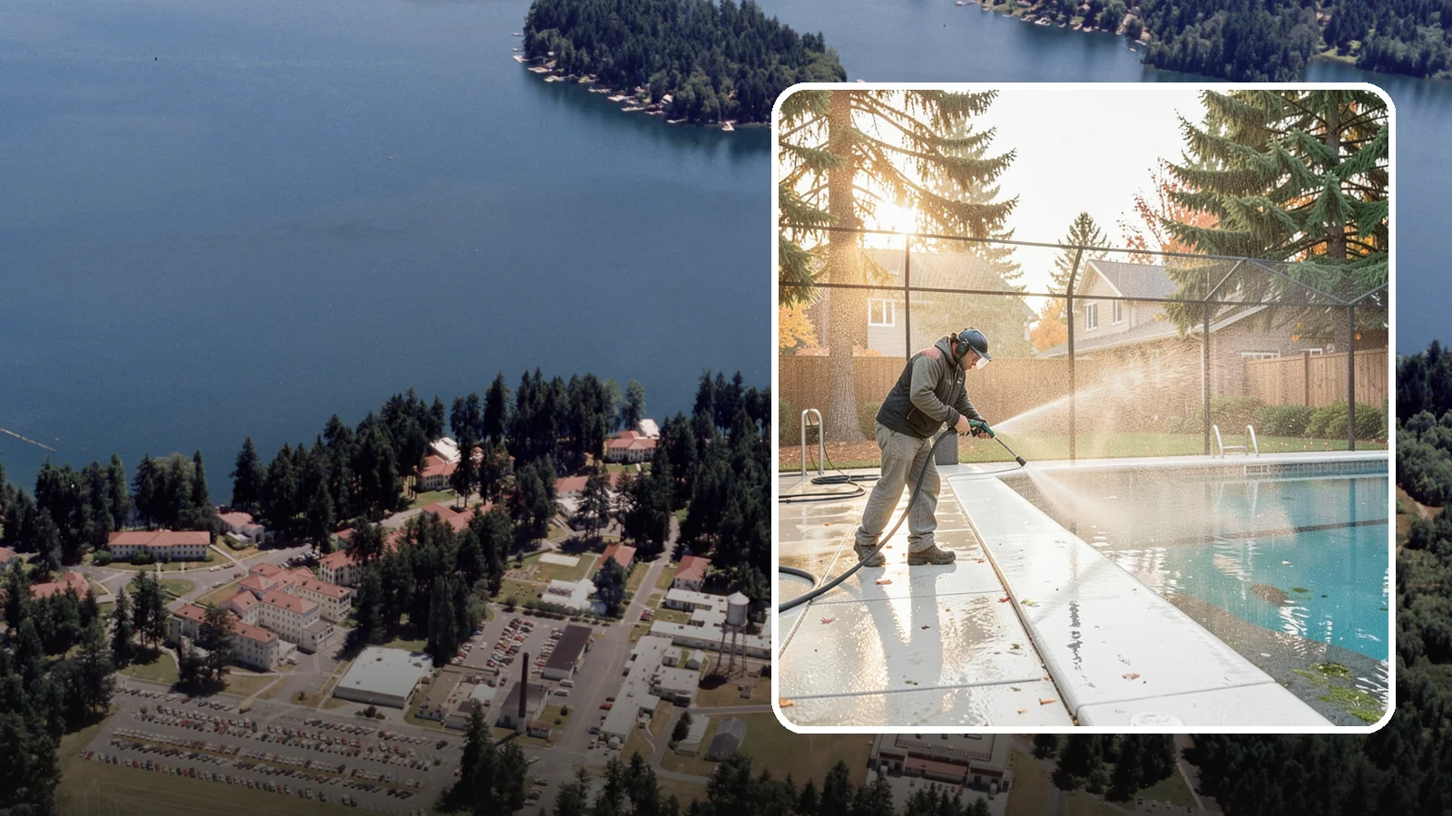 Pool Enclosure Washing in Lakewood, Pierce County, WA - We wash screened and glass pool enclosures to clear the algae film and evergreen debris that dim them through the rainy months.