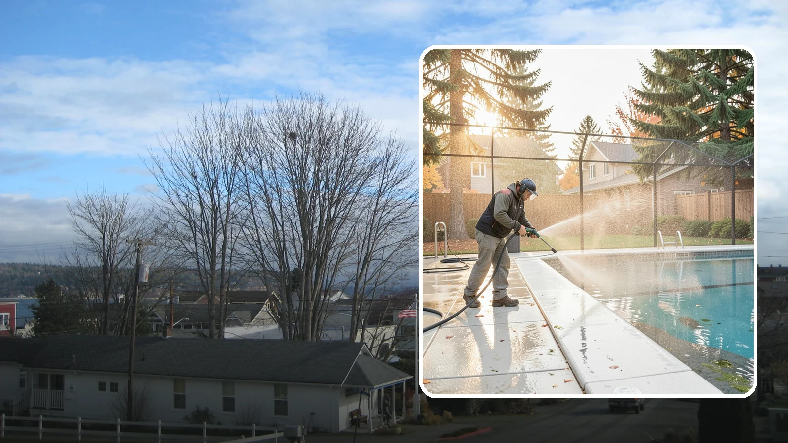 Pool Enclosure Washing in Langley, Island County, WA - We wash screened and glass pool enclosures to clear the algae film and evergreen debris that dim them through the rainy months.